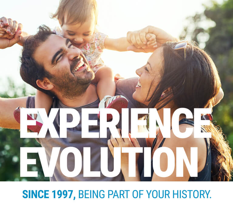 Banner with a family in the background and the text Long Live Evolution above it