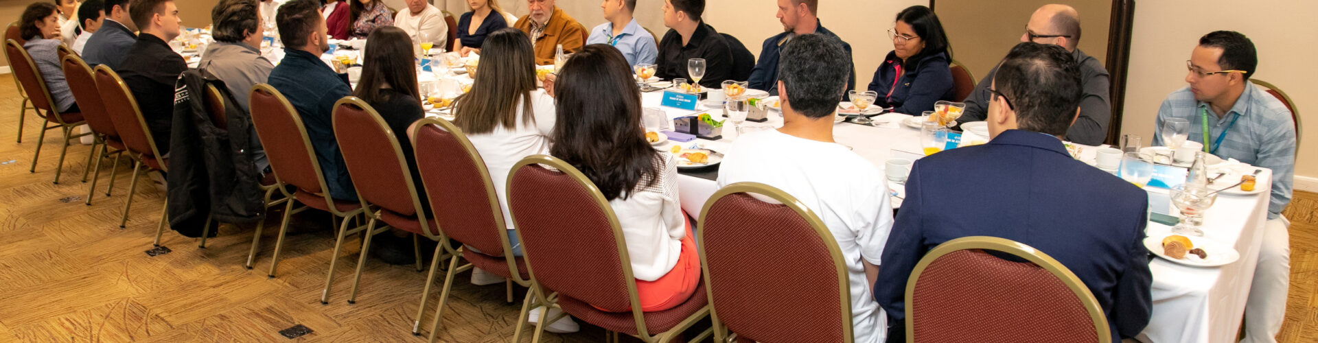 Photo with employees and partners at a large table, talking to each other.