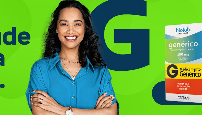 White woman with wavy black hair, arms crossed and smiling for the photo. In the background, a lime green color showing the Biolab generics brand and the words 