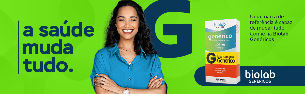 White woman with wavy black hair, arms crossed and smiling for the photo. In the background, a lime green color showing the Biolab generics brand and the words 